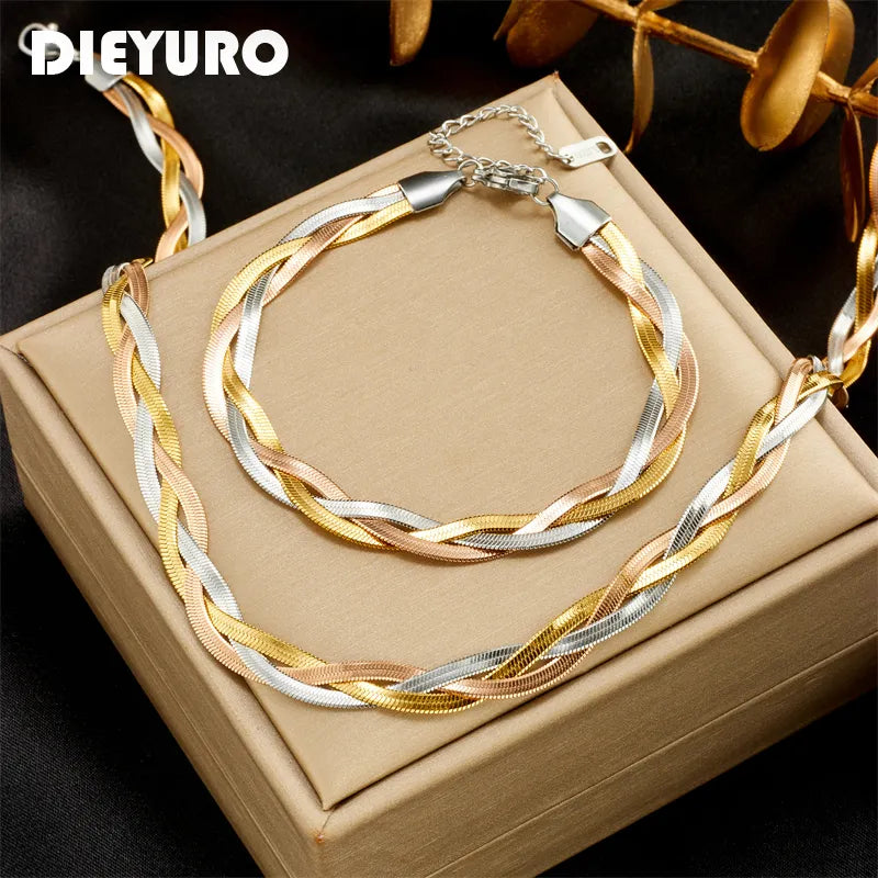 DIEYURO 316L Stainless Steel 3 in 1 | Waterproof Necklace, Bracelets, Anklets and Earrings